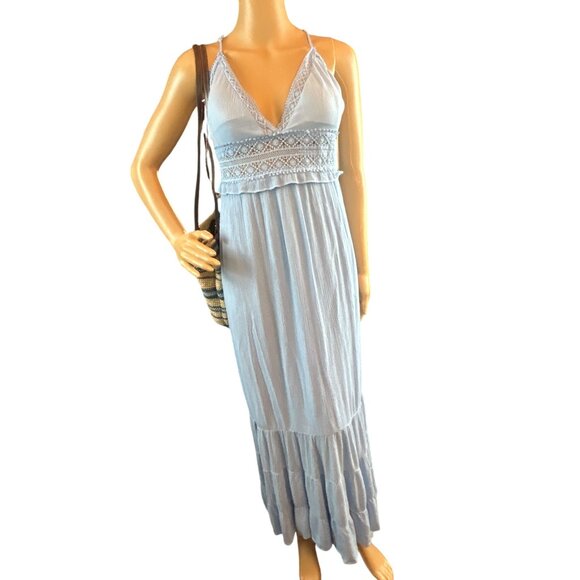 Womens Plunge Gauzy Maxi Dress Medium Baby Blue Crochet Lagenlook Boho - Picture 2 of 8